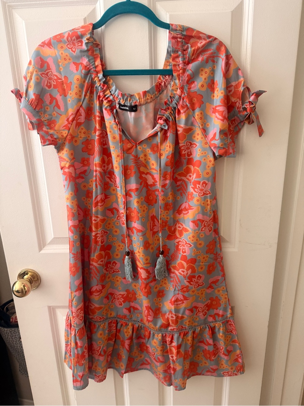 Floral Midi Dress with Tassel Tie - Coral/Gray